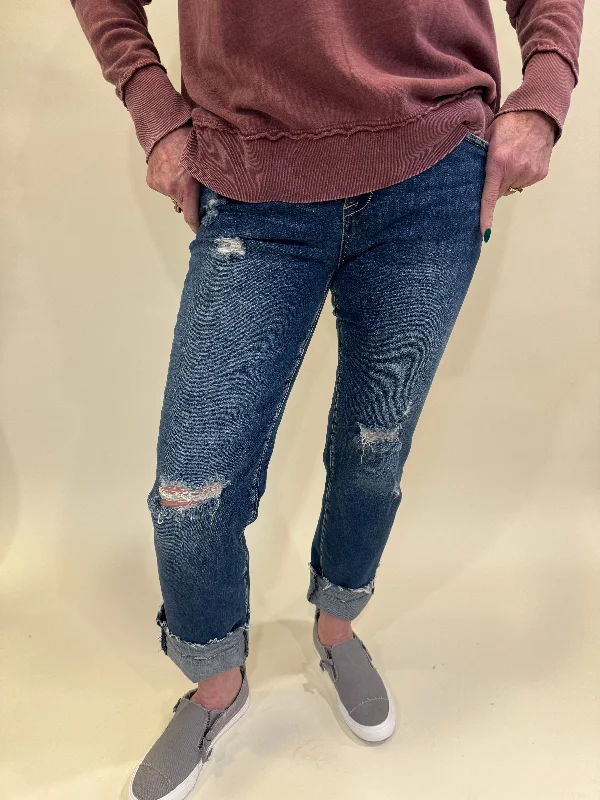 RHIANNON DARK MID RISE SLIM STRAIGHT JEANS LIGHTLY DISTRESSED