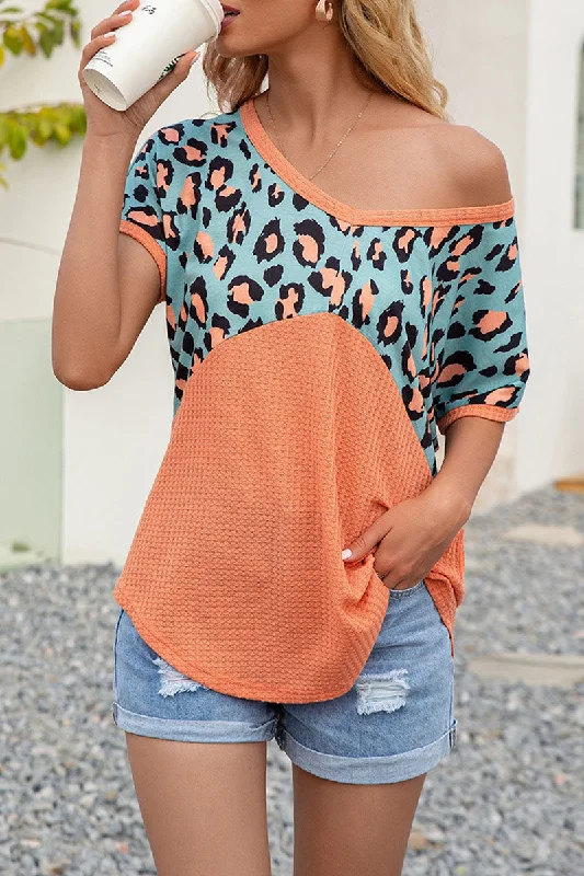 Fashion Casual Leopard Split Joint V Neck T-Shirts