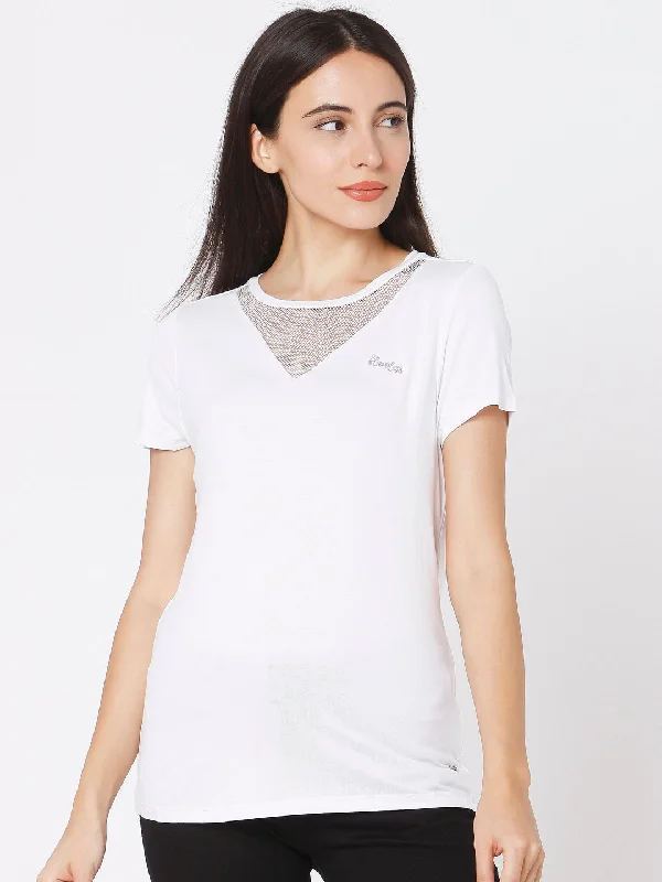 Spykar Women White Cotton Slim Fit Round Neck T-Shirts