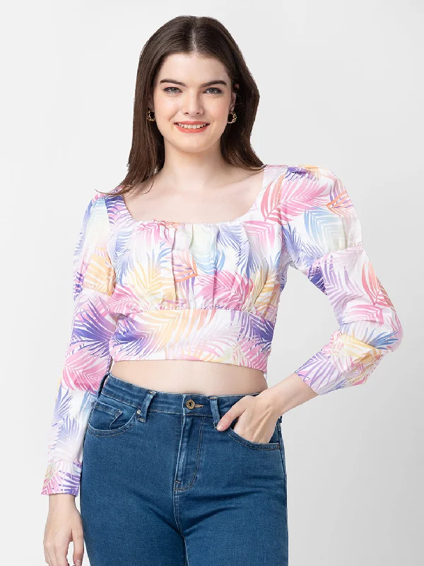 Spykar Women Pink Cotton Floral Crop Top