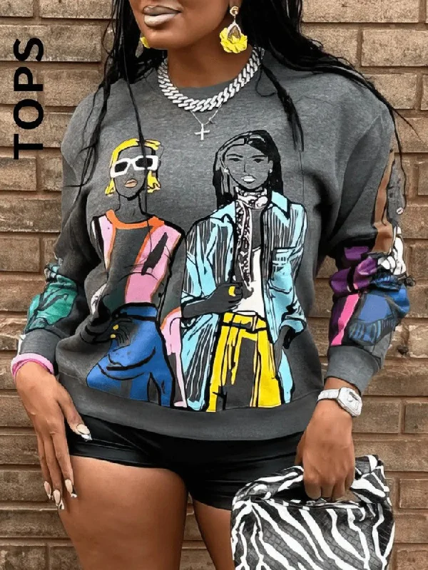 Abstract Printed Crew Neck Pullover Sweatshirts