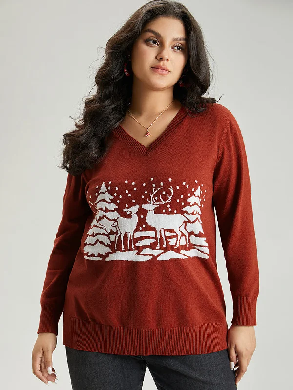 Anti-Pilling Christmas Trees & Elk Print Pullover