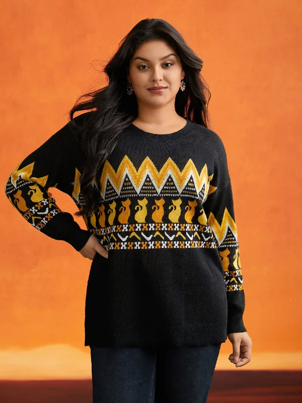 Cat Printed Jacquard Fair Isle Pullover