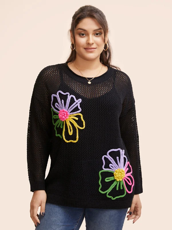 Crochet Floral Contrast Texture Pullover