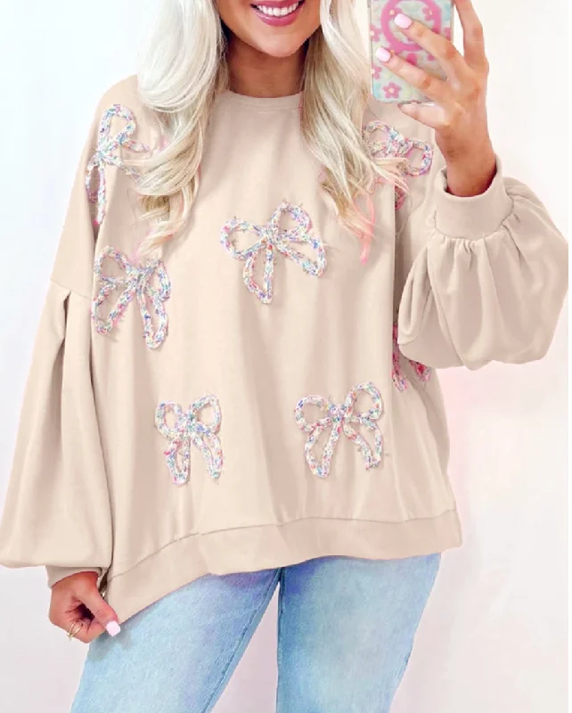 Parchment Sweet Bow Lantern Sleeve Oversized Pullover Sweatshirt