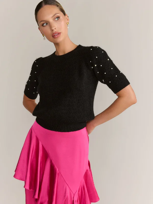 Dreamers Pearl Embellished Elbow Sleeve Ribbed Pullover - Brands We Love