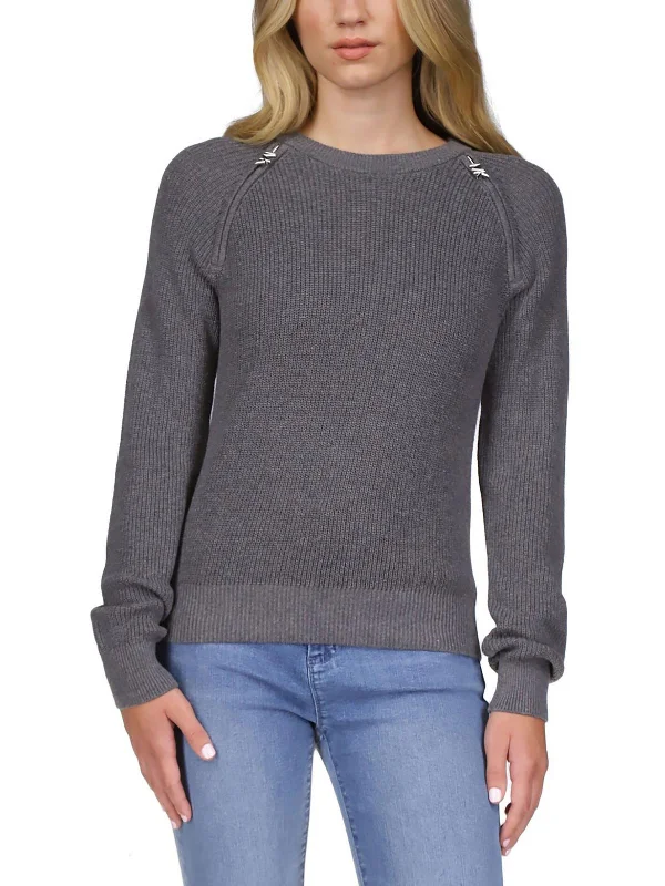 Petites Womens Crewneck Cropped Pullover Sweater