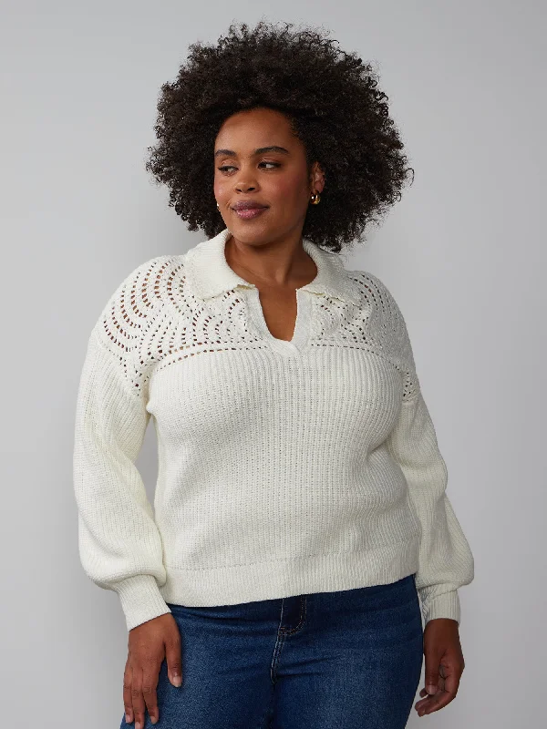 Plus Long Sleeve Collared Crochet Pullover