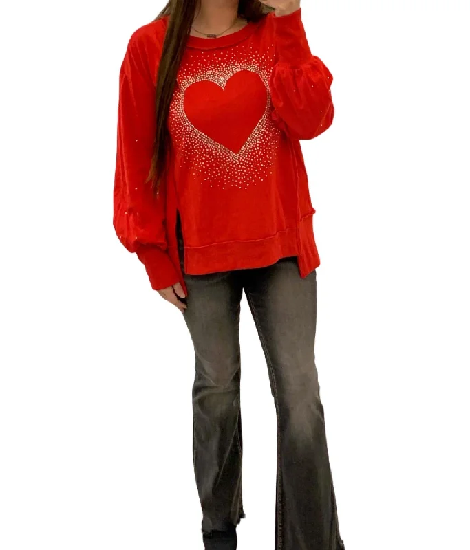 Rhinestone Heart Pullover In Red