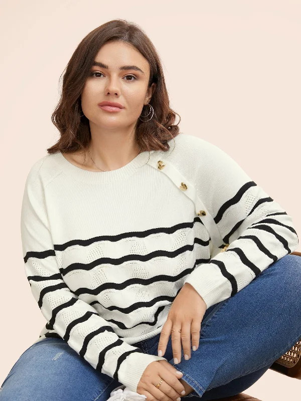 Striped Raglan Sleeve Button Detail Pullover