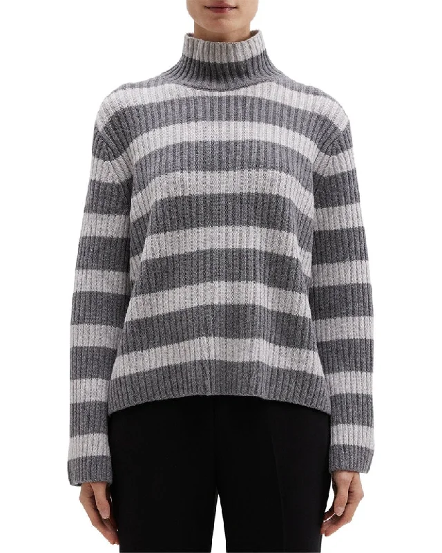 Theory Striped Ribbed Wool & Cashmere-Blend Turtleneck Pullover