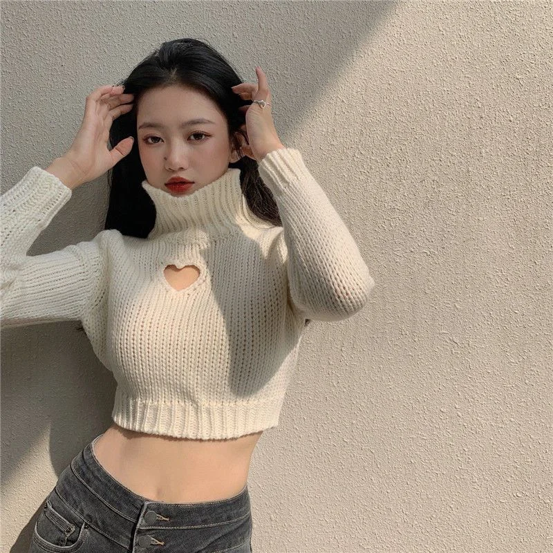 Turtleneck Heart Cutout Pullover