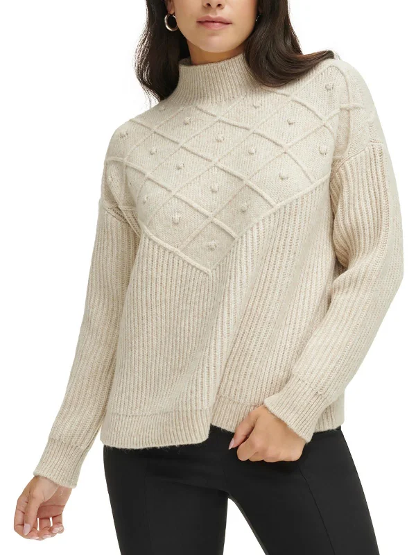 Womens Popcorn Stitch Mock Neck Pullover Sweater