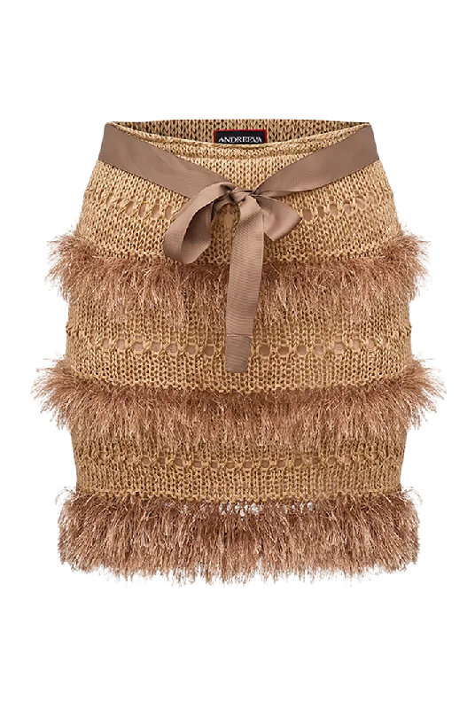 Brown Fringe Knit Mini Skirt