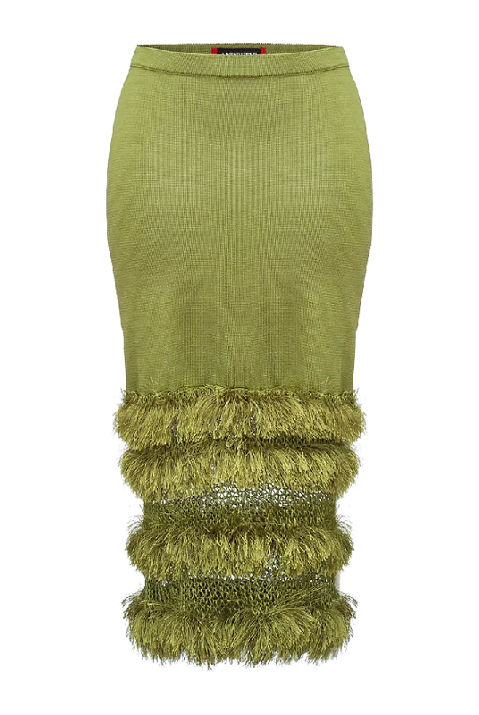 Green Knit Midi Fringe Skirt